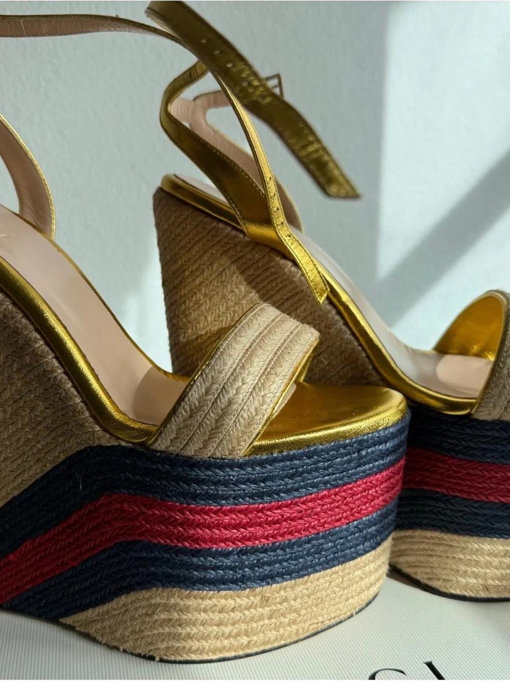 Special Edition Gold-Tone Espadrille Wedge Sandals with Navy & Red Accent
